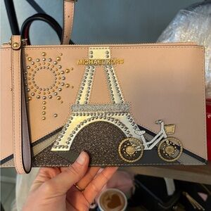 Michael Kors Blush Pink Saffiano Wristlet with Eiffel Tower Appliqué